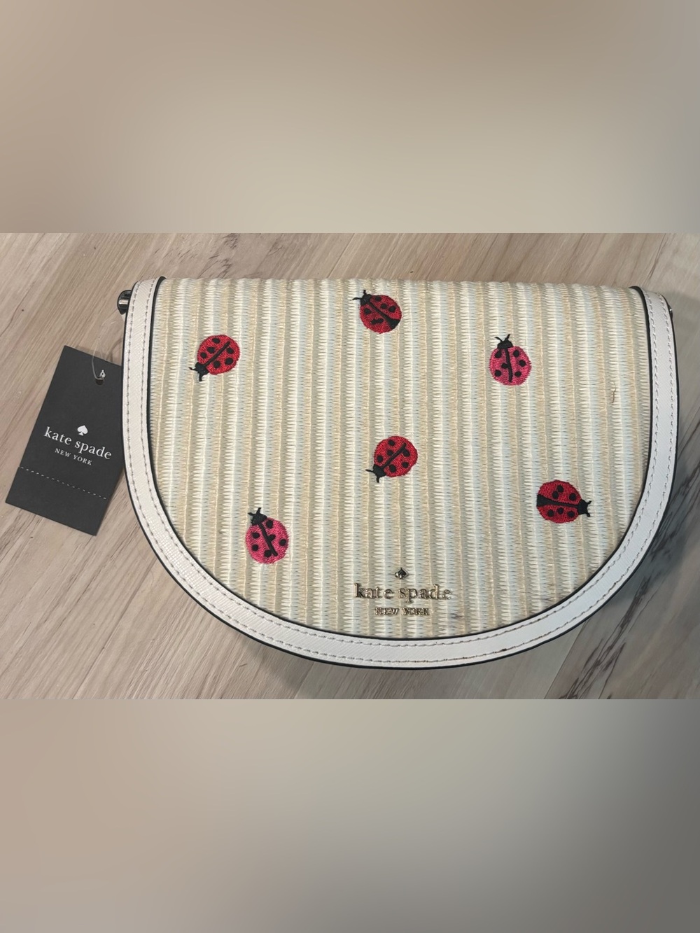 kate spade Cream Straw Crossbody with Red Ladybug Embroidery